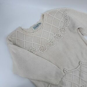 Shenanigans Cream Floral Knit Sweater Top Women Medium Textured Cable Knit